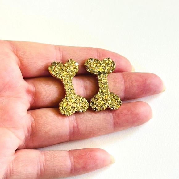 VTG Bauer signed Dog Bone earrings gold tone crystal rhinestone pierced Rare - Picture 1 of 5